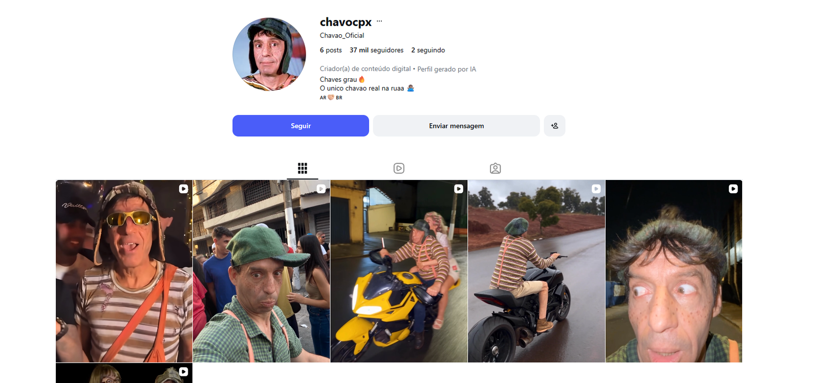 Grade de publicações de um personagem criado com inteligência artificial